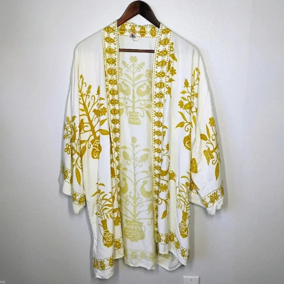 Vintage Hand Printed Japanese Floral Bird Print Kimono Cover Up White Size Med - Picture 1 of 13